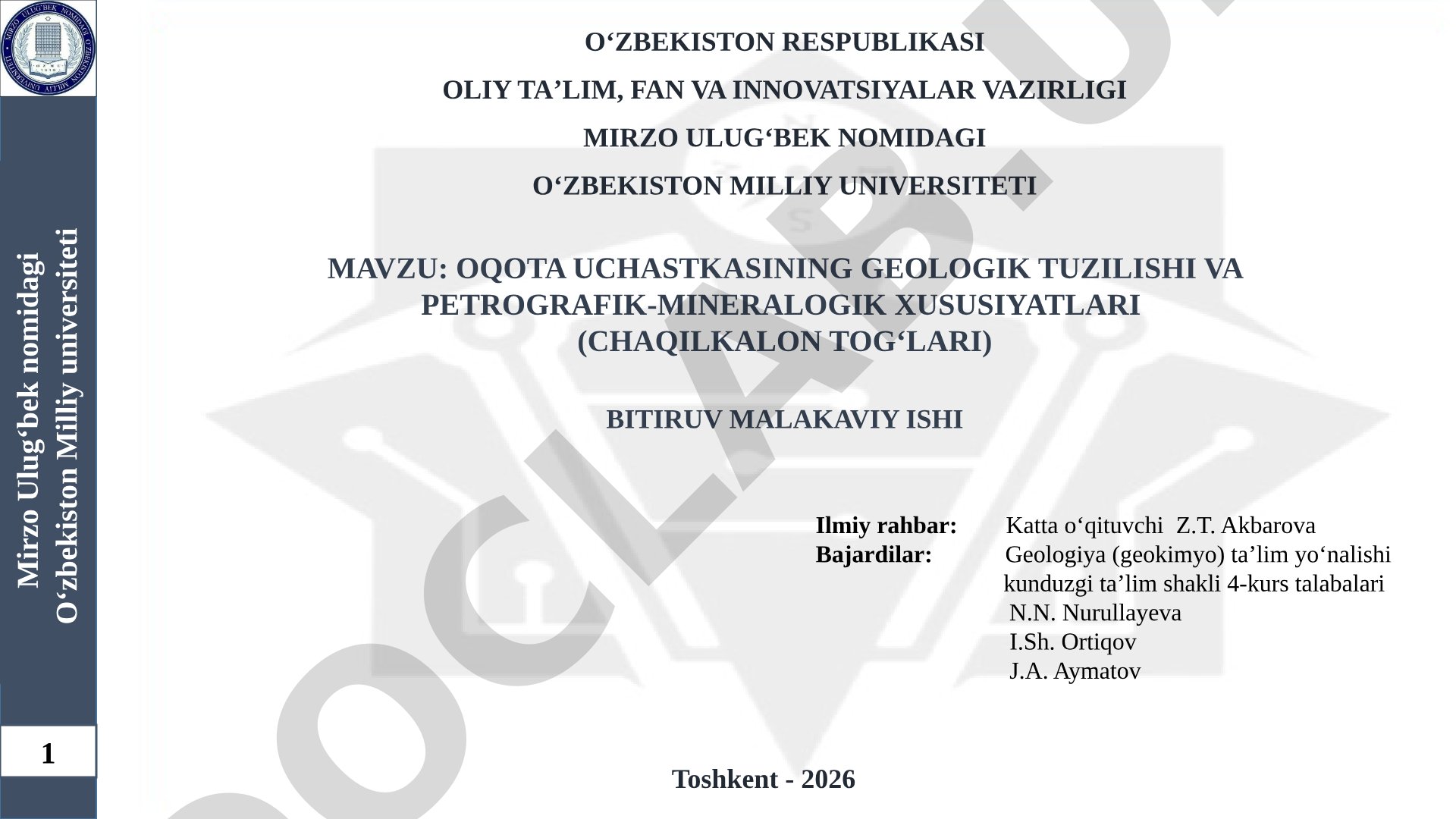 Oqota uchastkasining geologik tuzilishi va petrografik-mineralogik xususiyatlari (Chaqilkalon tog'lari)