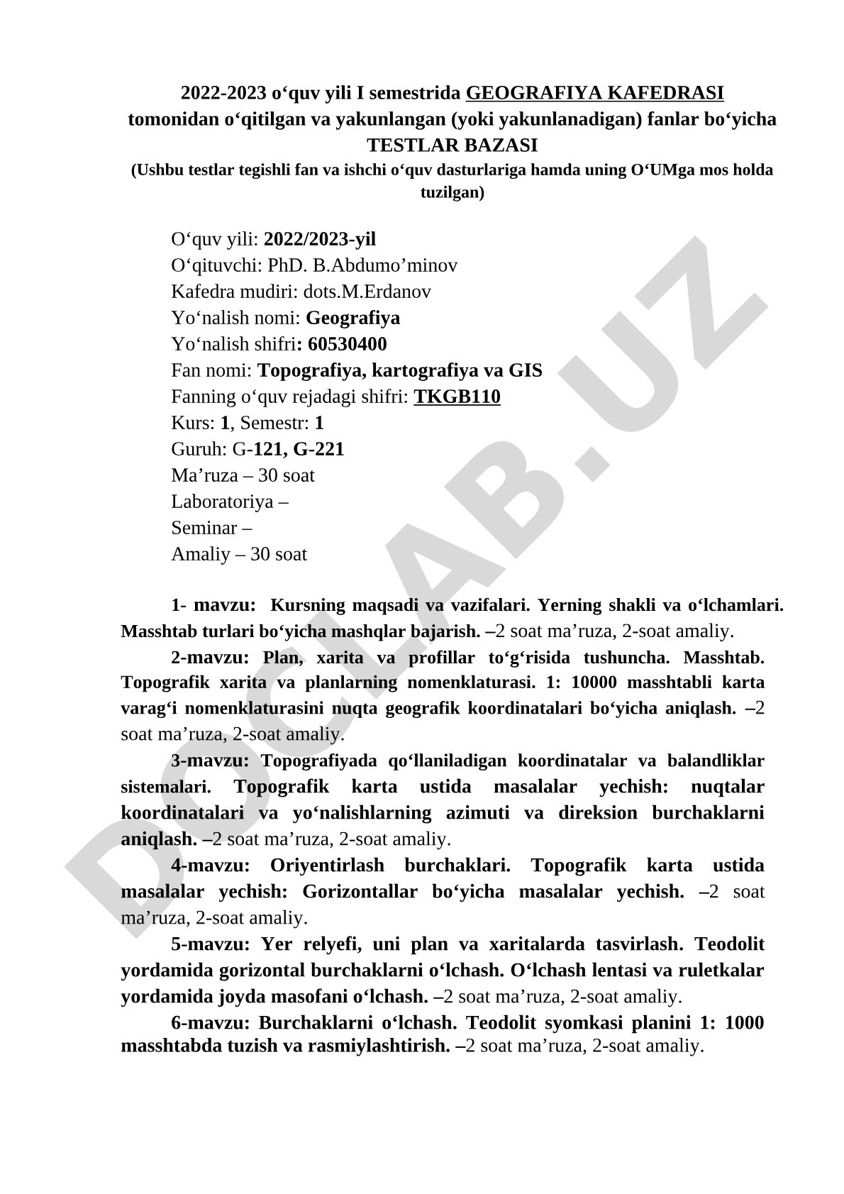 Topografiya, kartografiya va GIS fanidan testlar bazasi