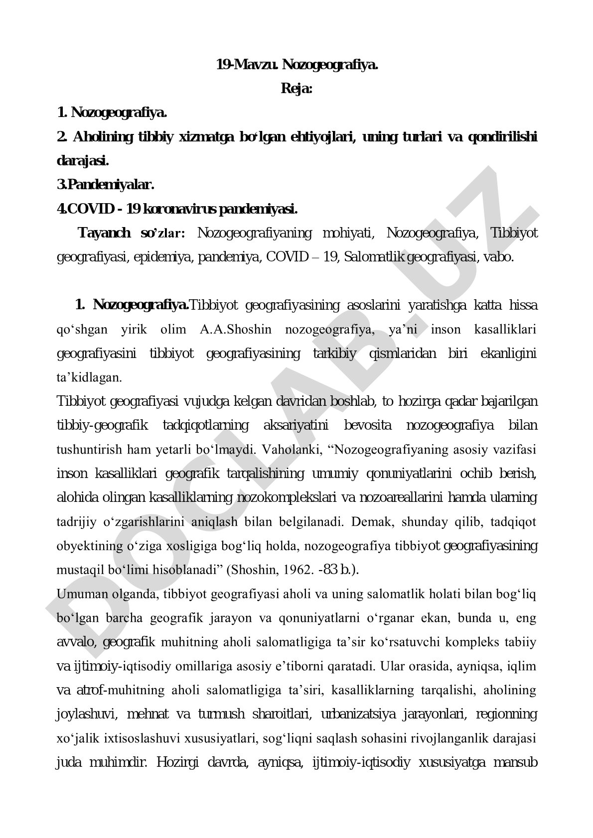Nozogeografiya va aholining tibbiy xizmatga ehtiyojlari, pandemiyalar, COVID-19 haqida