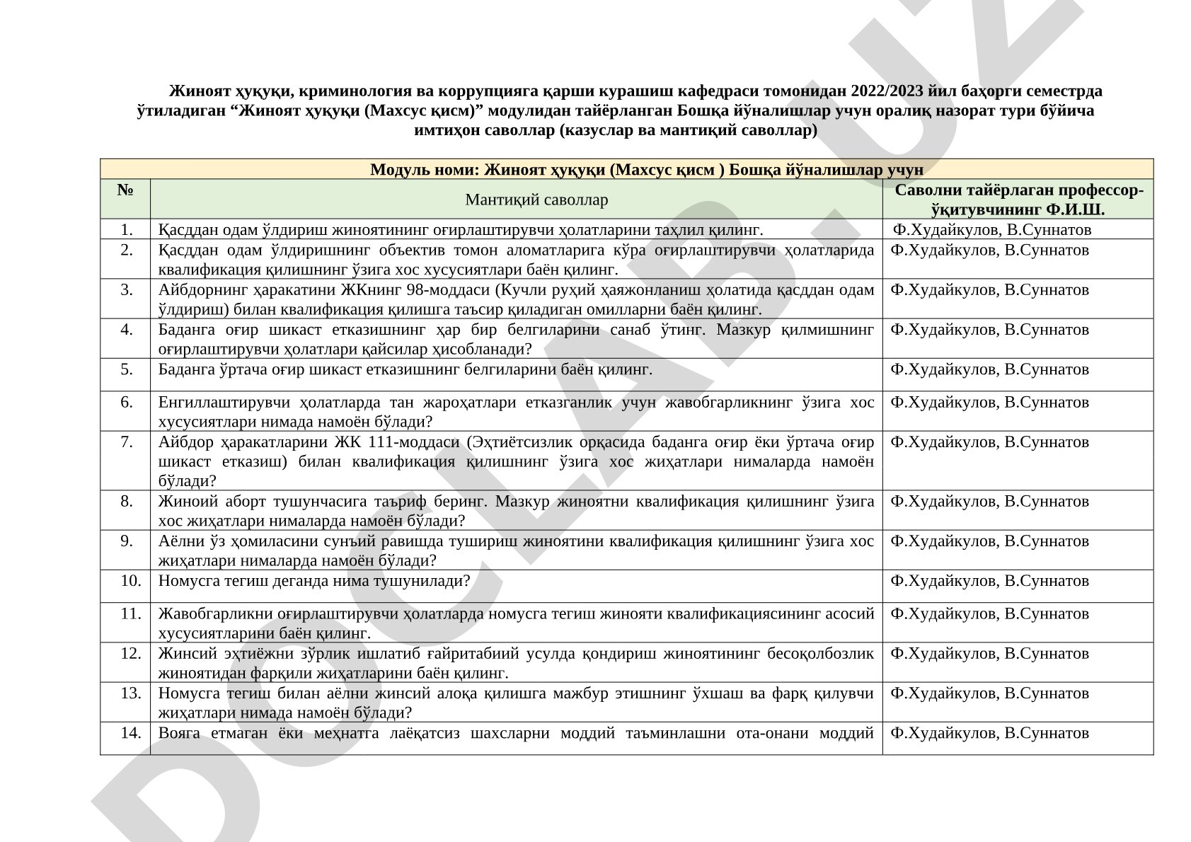 Жиноят ҳуқуқи (Махсус қисм) оралиқ назорат саволлари