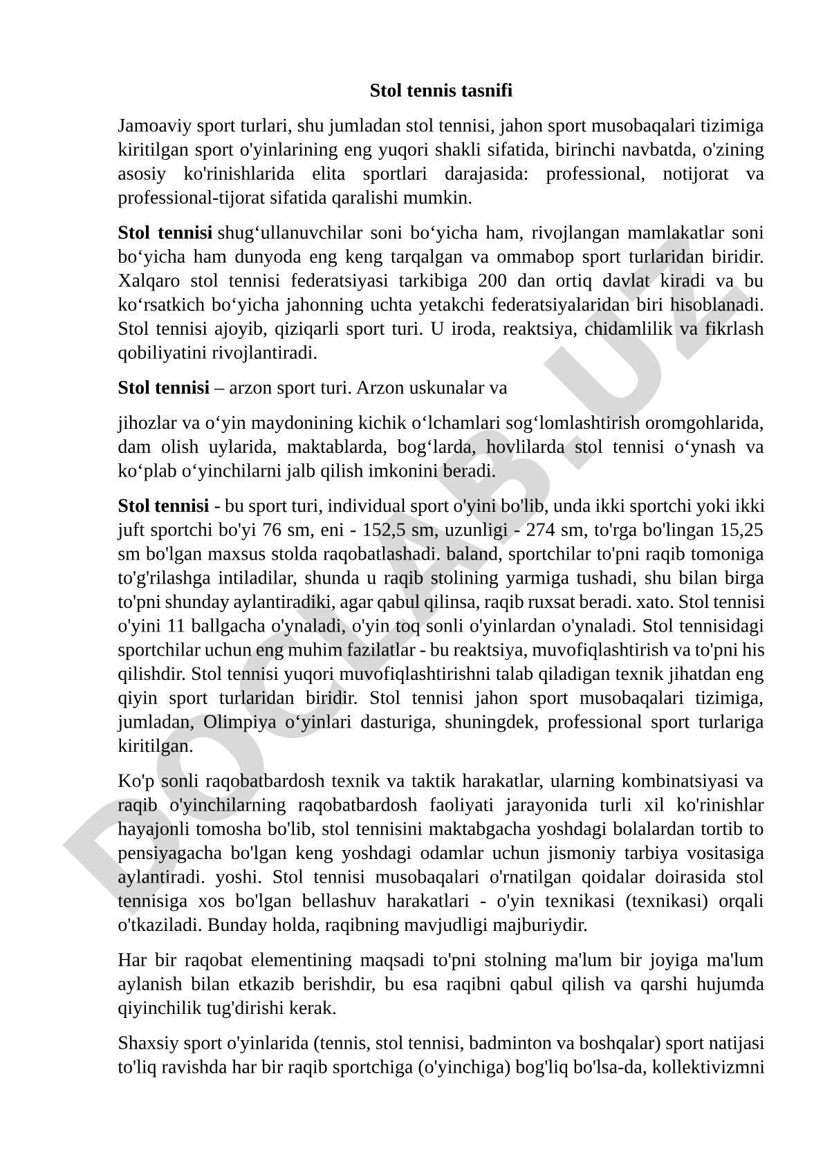 Stol tennis tasnifi