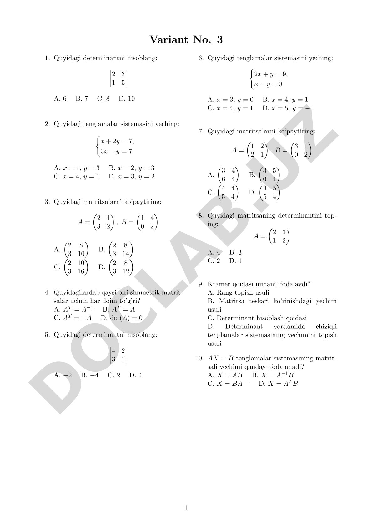 Chiziqli algebra: determinantlar, matritsalar va tenglamalar sistemasi