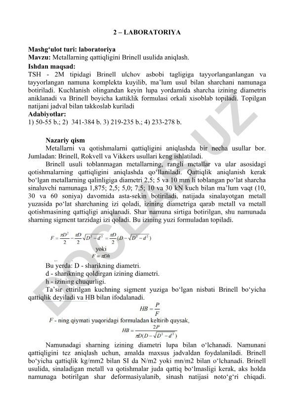 Metallarning qattiqligini Brinell usulida aniqlash
