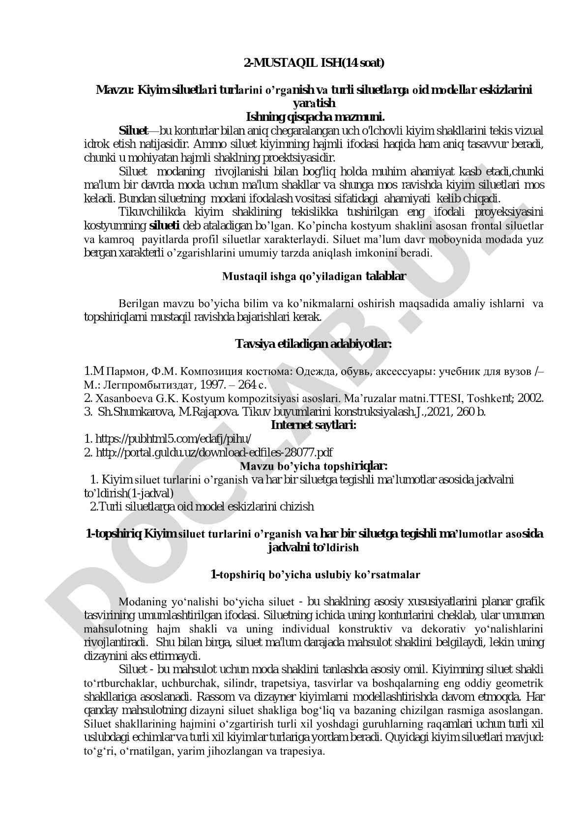 Kiyim siluetlari turlarini o'rganish va turli siluetlarga oid modellar eskizlarini yaratish