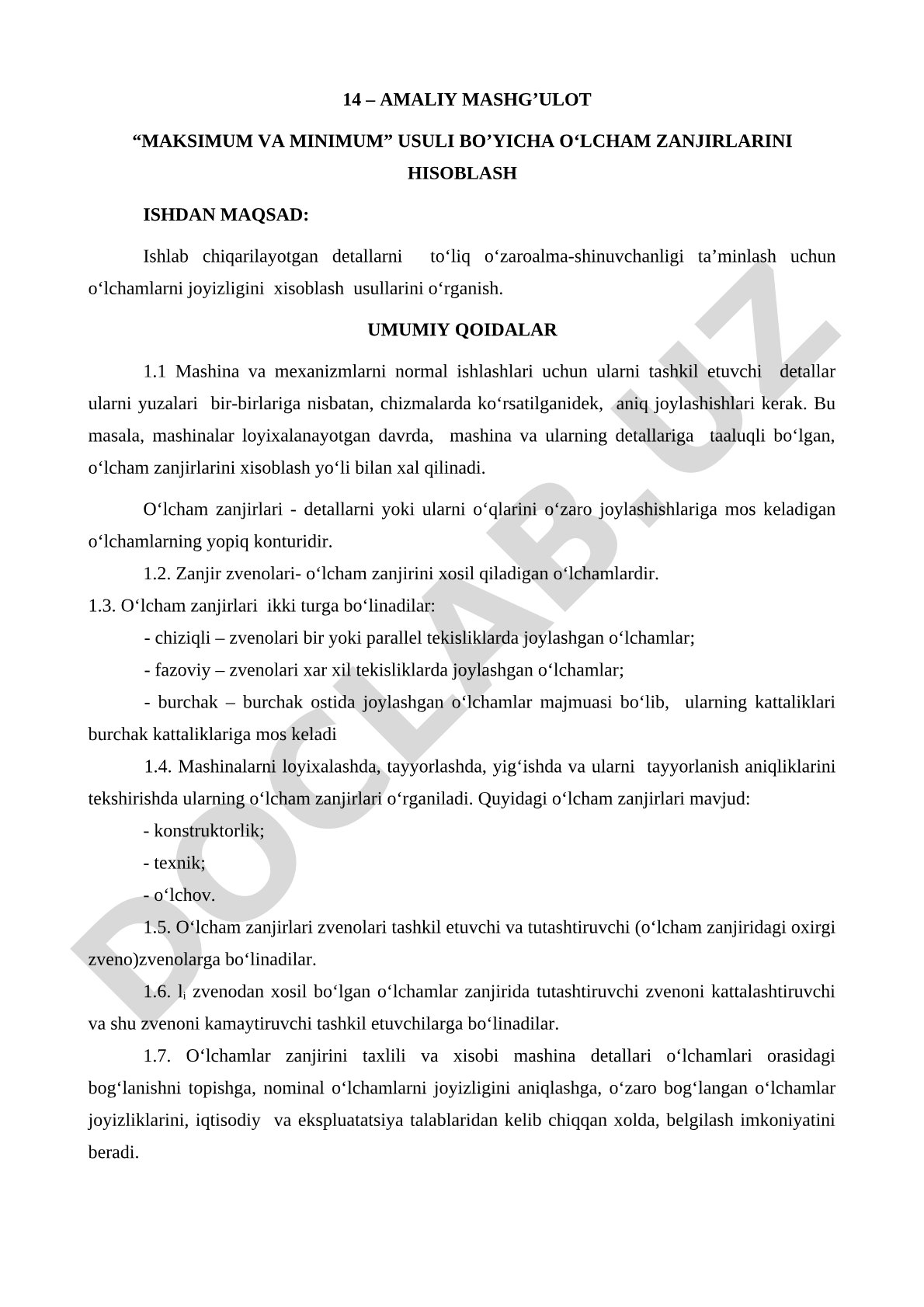 MAKSIMUM VA MINIMUM USULI BO'YICHA O'LCHAM ZANJIRLARINI HISOBLASH