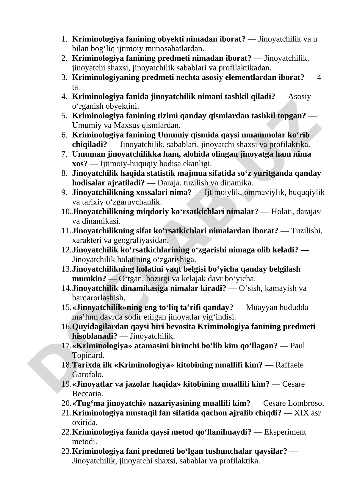 Kriminologiya fanining asosiy savollari va javoblari