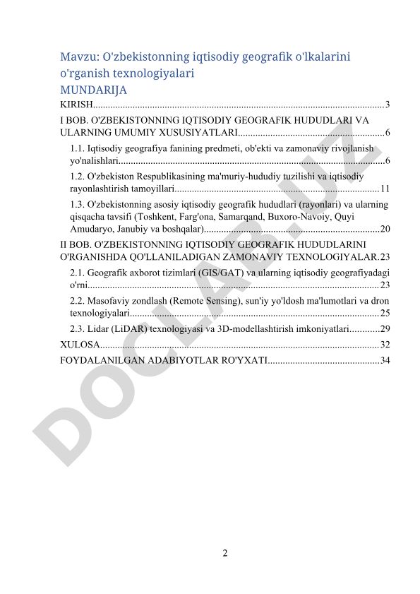 O'zbekistonning iqtisodiy geografik o'lkalarini o'rganish texnologiyalari