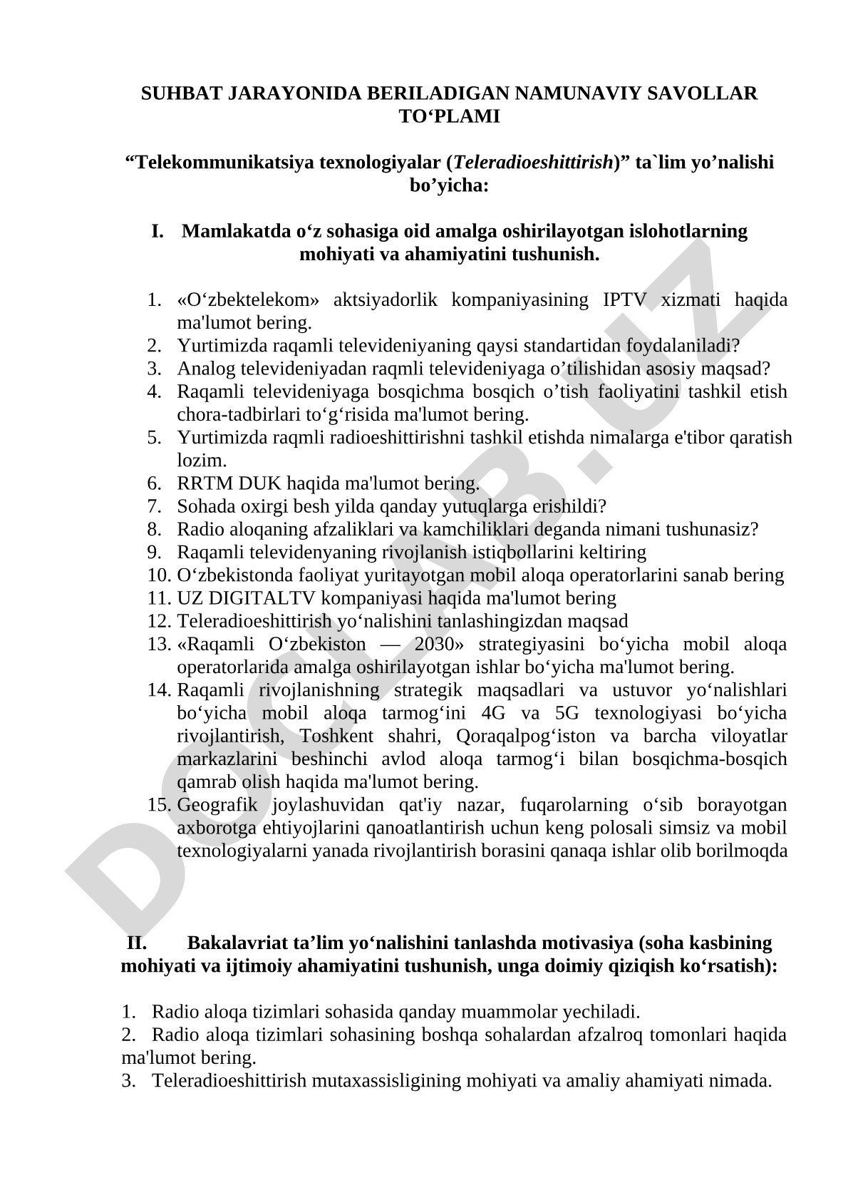 Telekommunikatsiya va teleradioeshittirish sohasida suhbat savollari to'plami