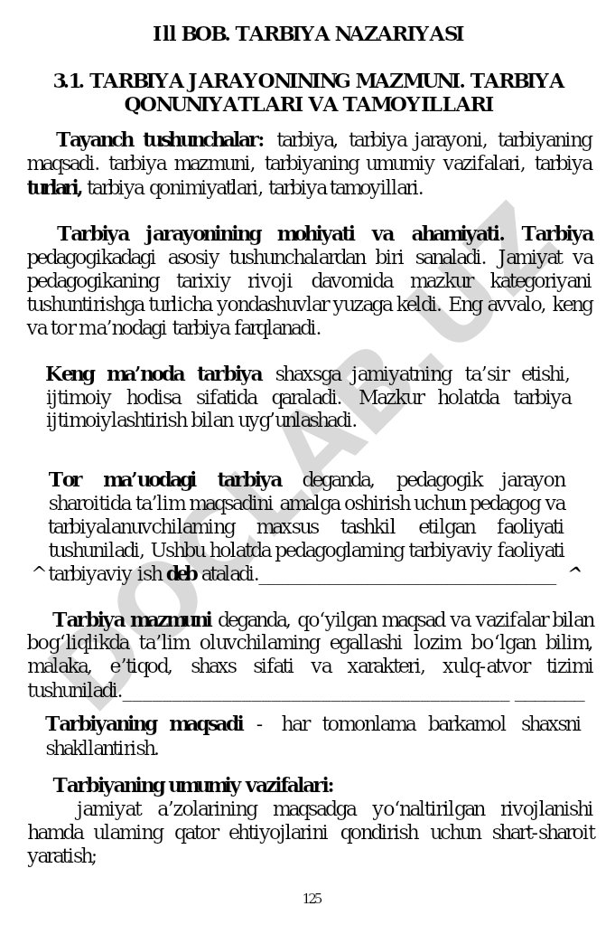 Tarbiya jarayonining mazmuni. Tarbiya qonuniyatlari va tamoyillari