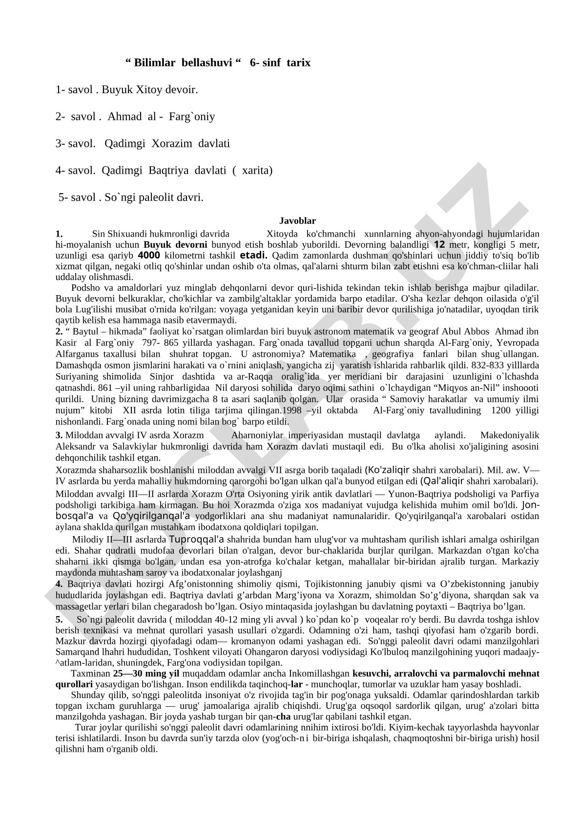 6-sinf tarix bilimlar bellashuvi savollari va javoblari
