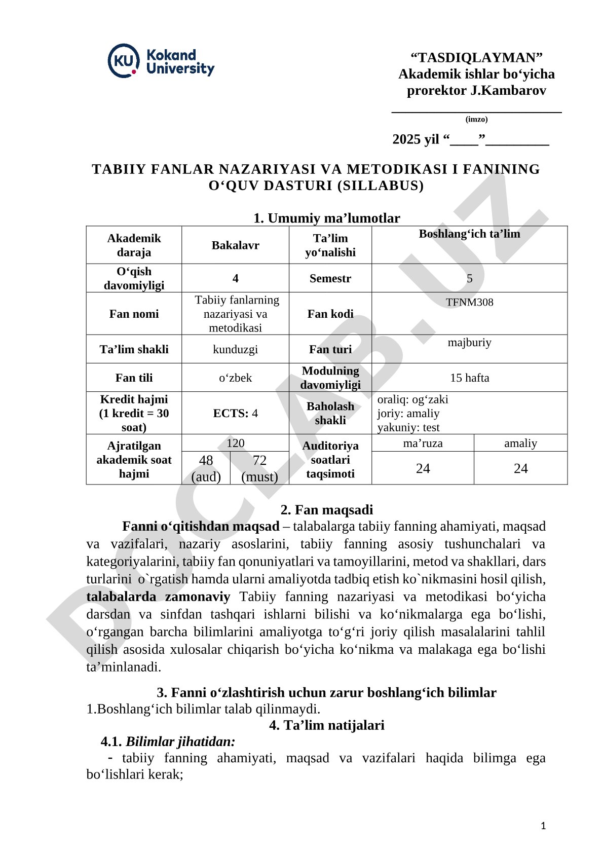 Tabiiy fanlarning nazariyasi va metodikasi I