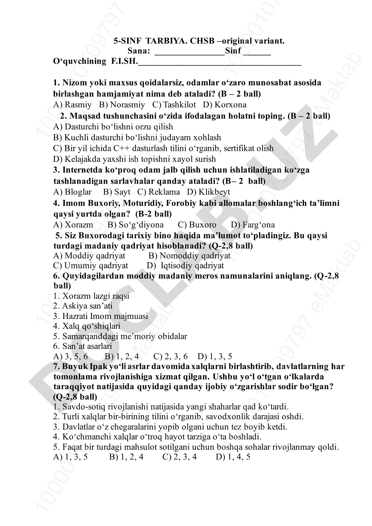 5-sinf Tarbiya fanidan CHSB test savollari
