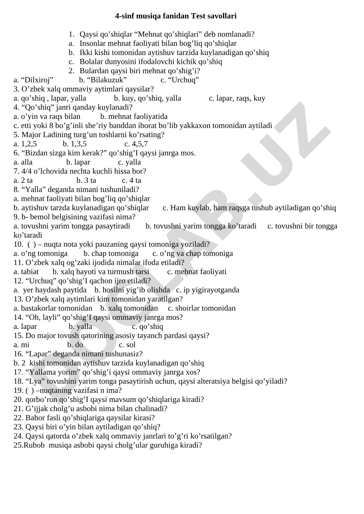 4-sinf musiqa fanidan test savollari