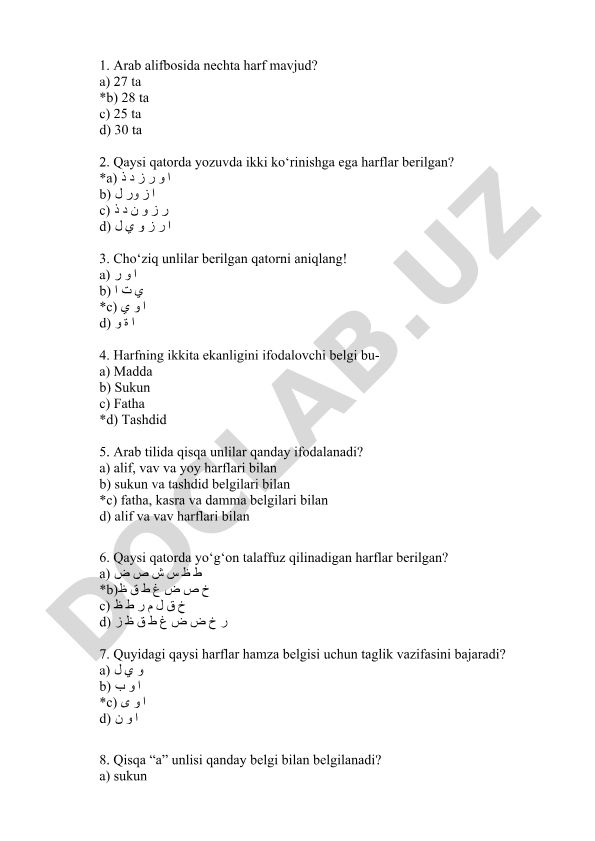 Arab alifbosi va til qoidalari test savollari