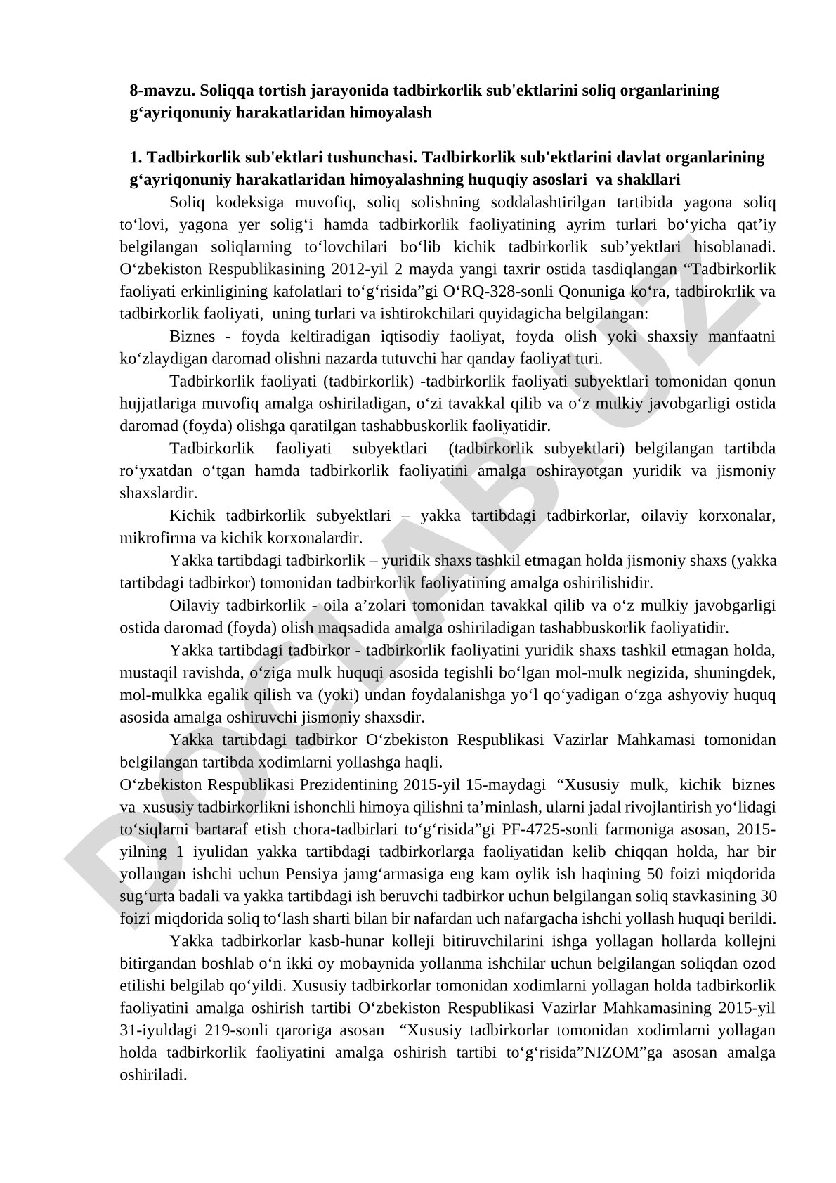 Soliqqa tortish jarayonida tadbirkorlik sub'ektlarini soliq organlarining g'ayriqonuniy harakatlaridan himoyalash