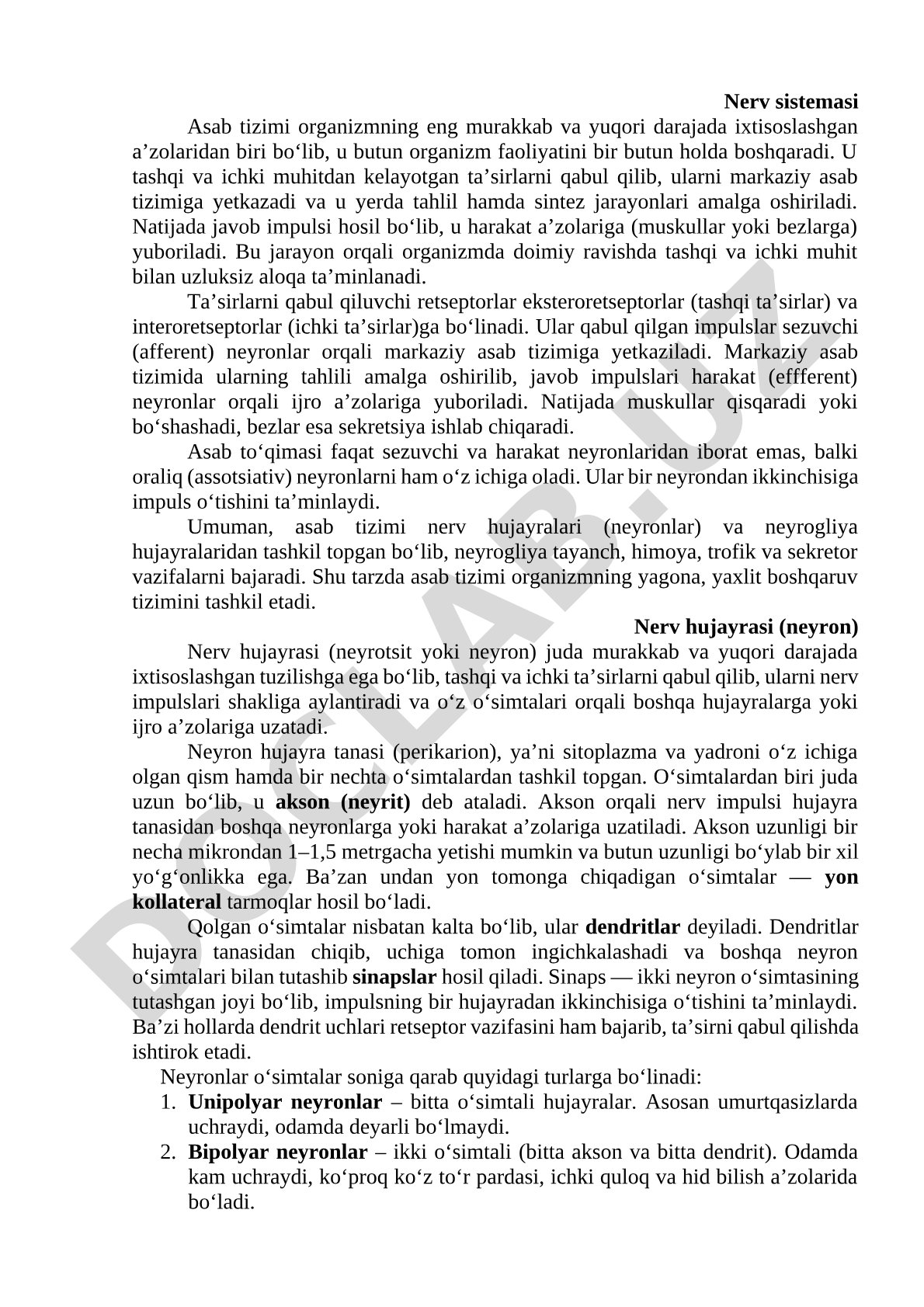 Neyronlar, retseptorlar, markaziy asab tizimi va refleks yoylari haqida ma'lumot