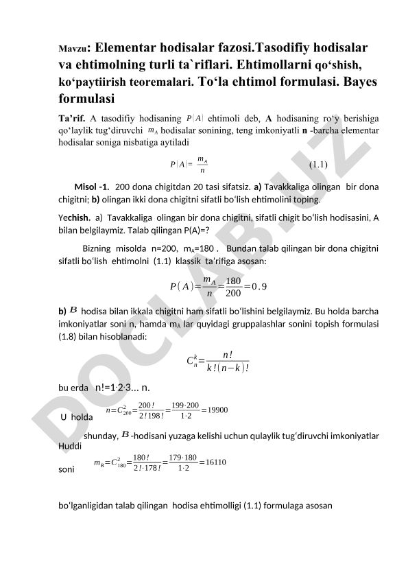 Elementar hodisalar fazosi, tasodifiy hodisalar va ehtimolning turli ta'riflari