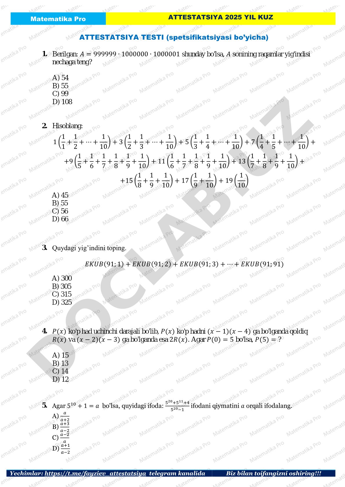 Matematika attestatsiya testi 2025 yil kuz