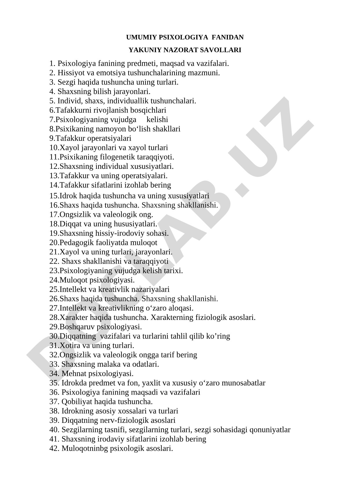 Umumiy psixologiya fanidan yakuniy nazorat savollari