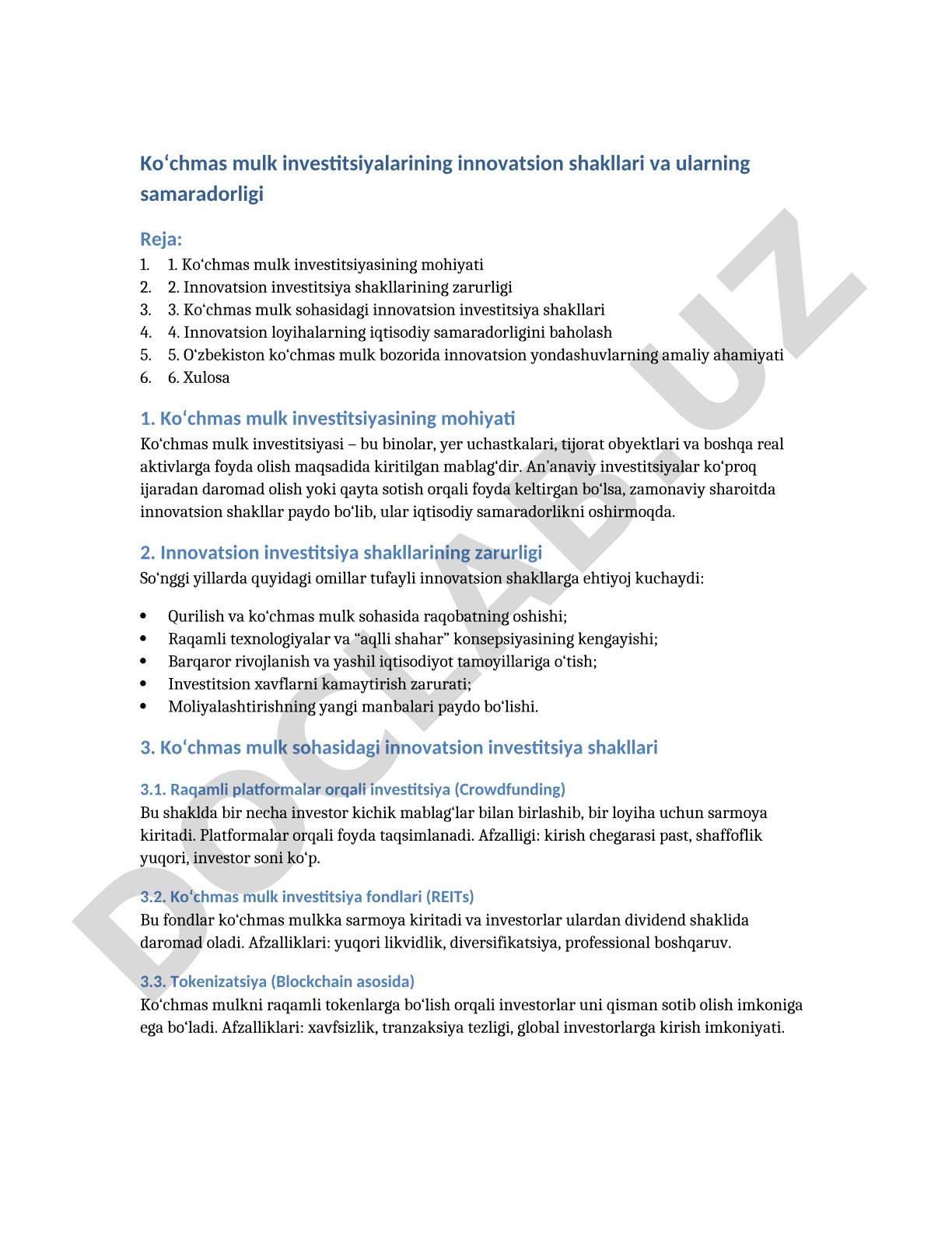 Ko‘chmas mulk investitsiyalarining innovatsion shakllari va ularning samaradorligi