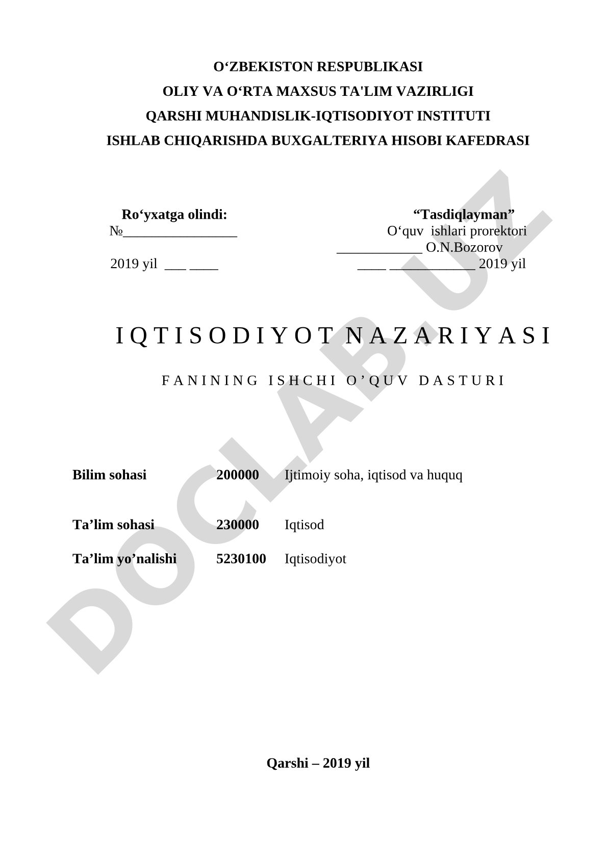 Iqtisodiyot nazariyasi fanining ishchi o'quv dasturi