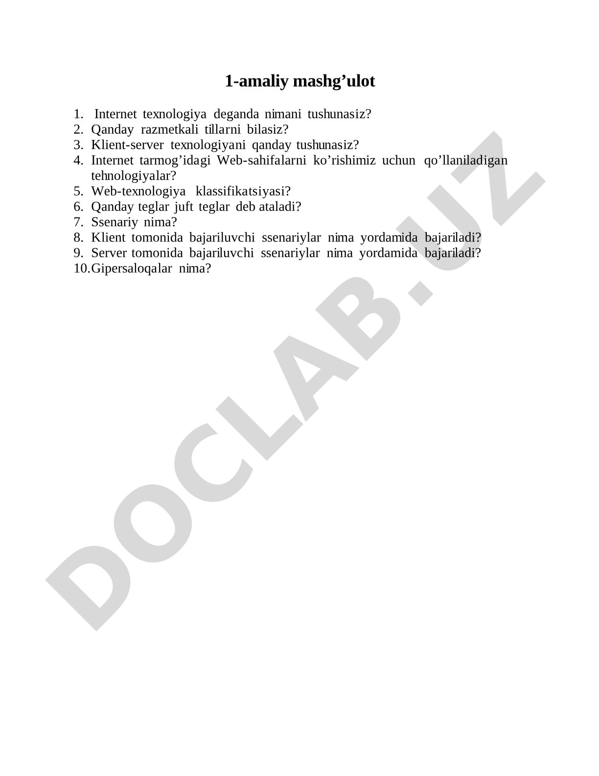 Internet texnologiyalari va web-tehnologiyalar savollari