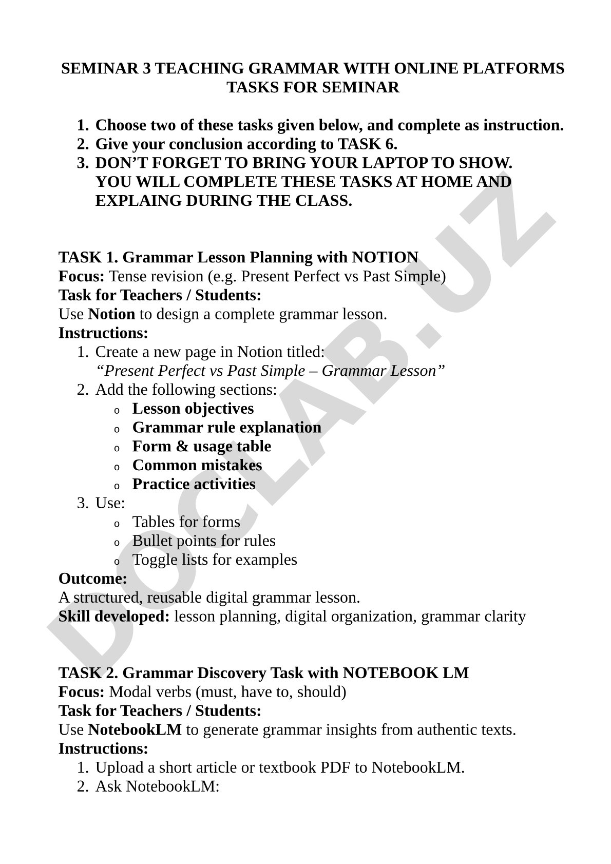 Teaching Grammar with Online Platforms Seminar Tasks