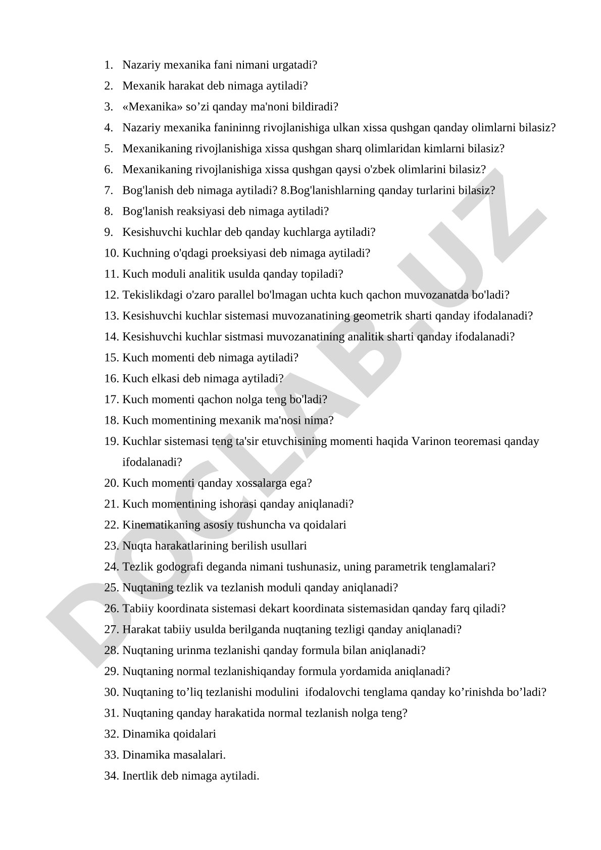 Nazariy mexanika fanidan savollar