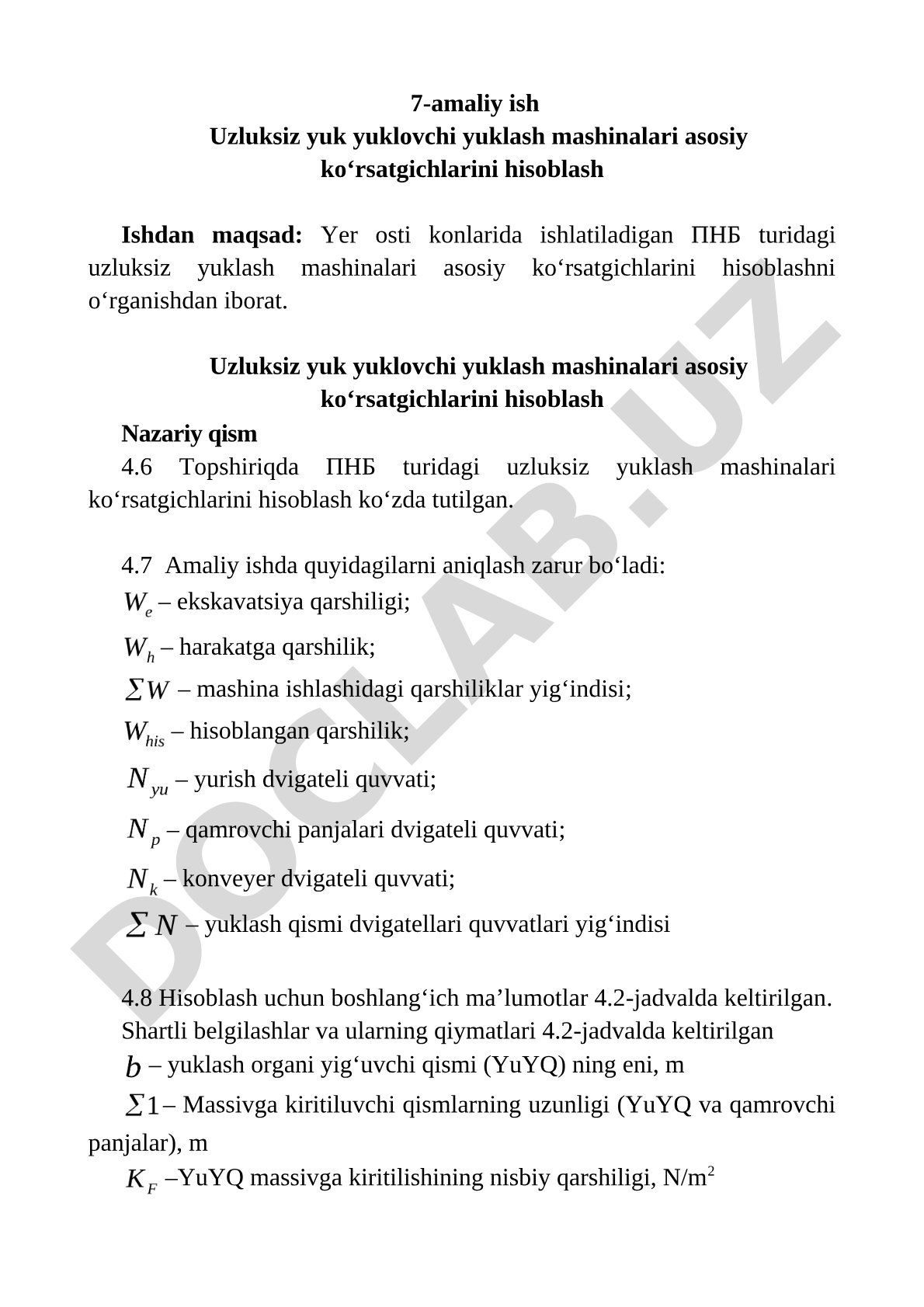 Uzluksiz yuk yuklovchi yuklash mashinalari asosiy ko‘rsatgichlarini hisoblash
