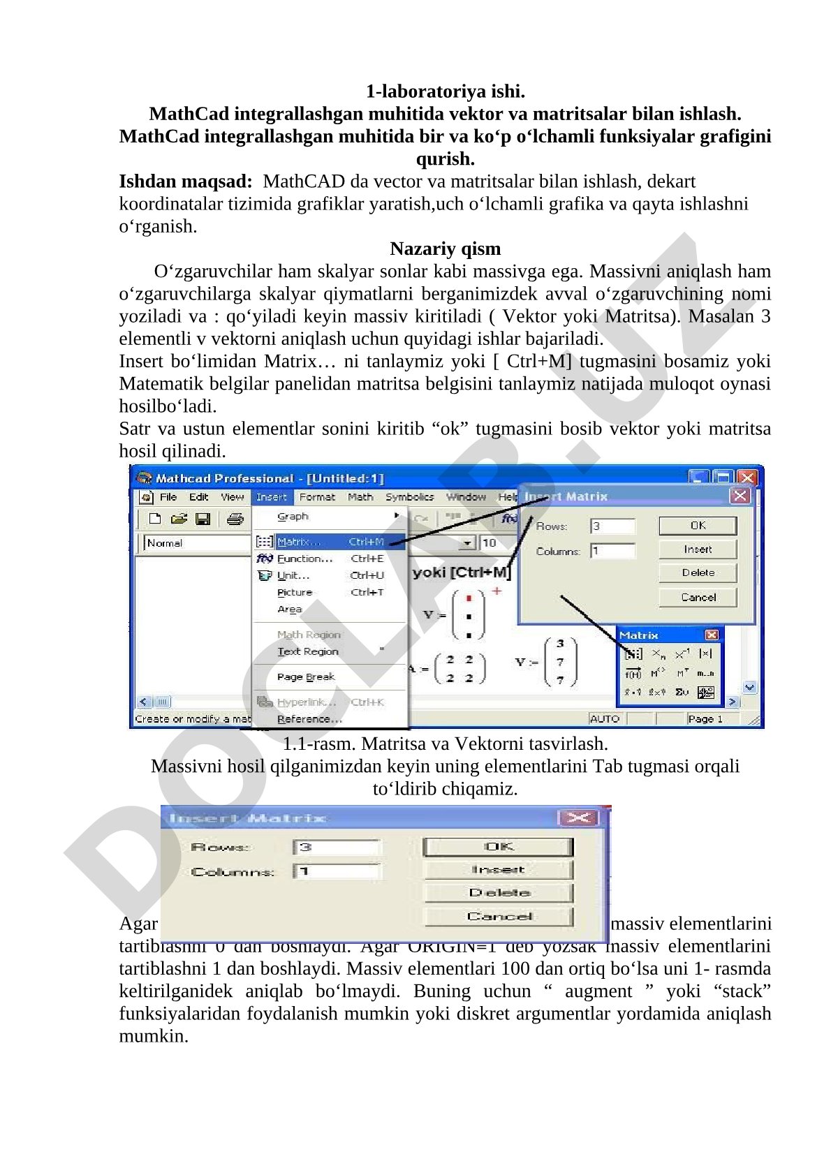 MathCad integrallashgan muhitida vektor va matritsalar bilan ishlash