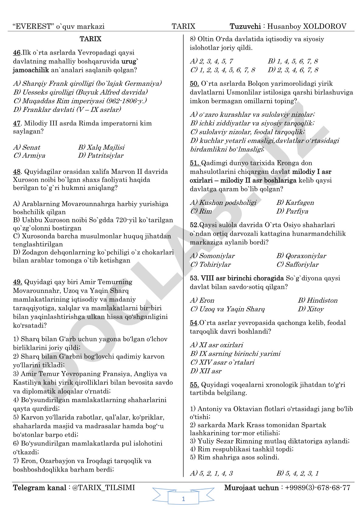 Tarix fanidan test savollari