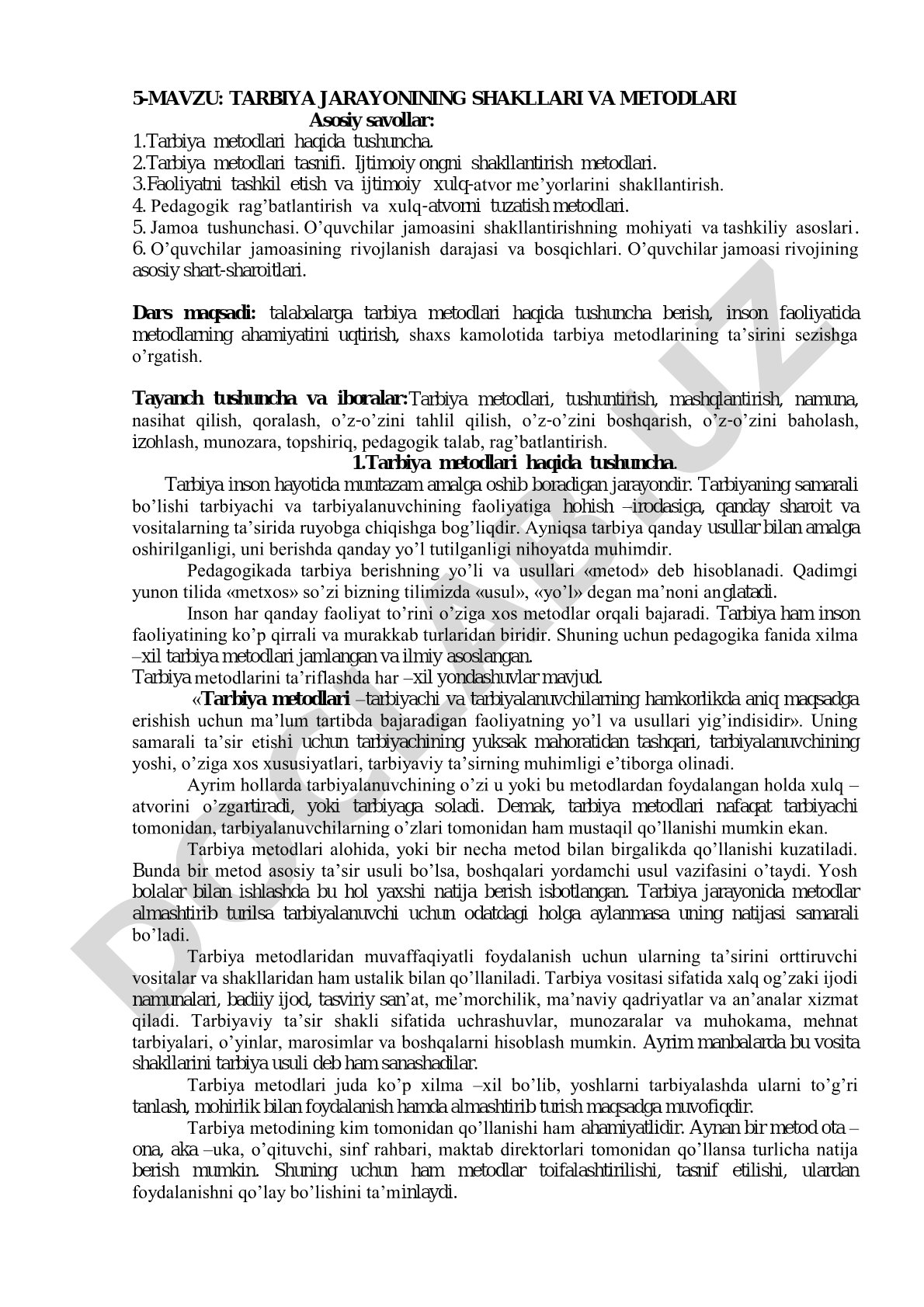 Tarbiya jarayonining shakllari va metodlari