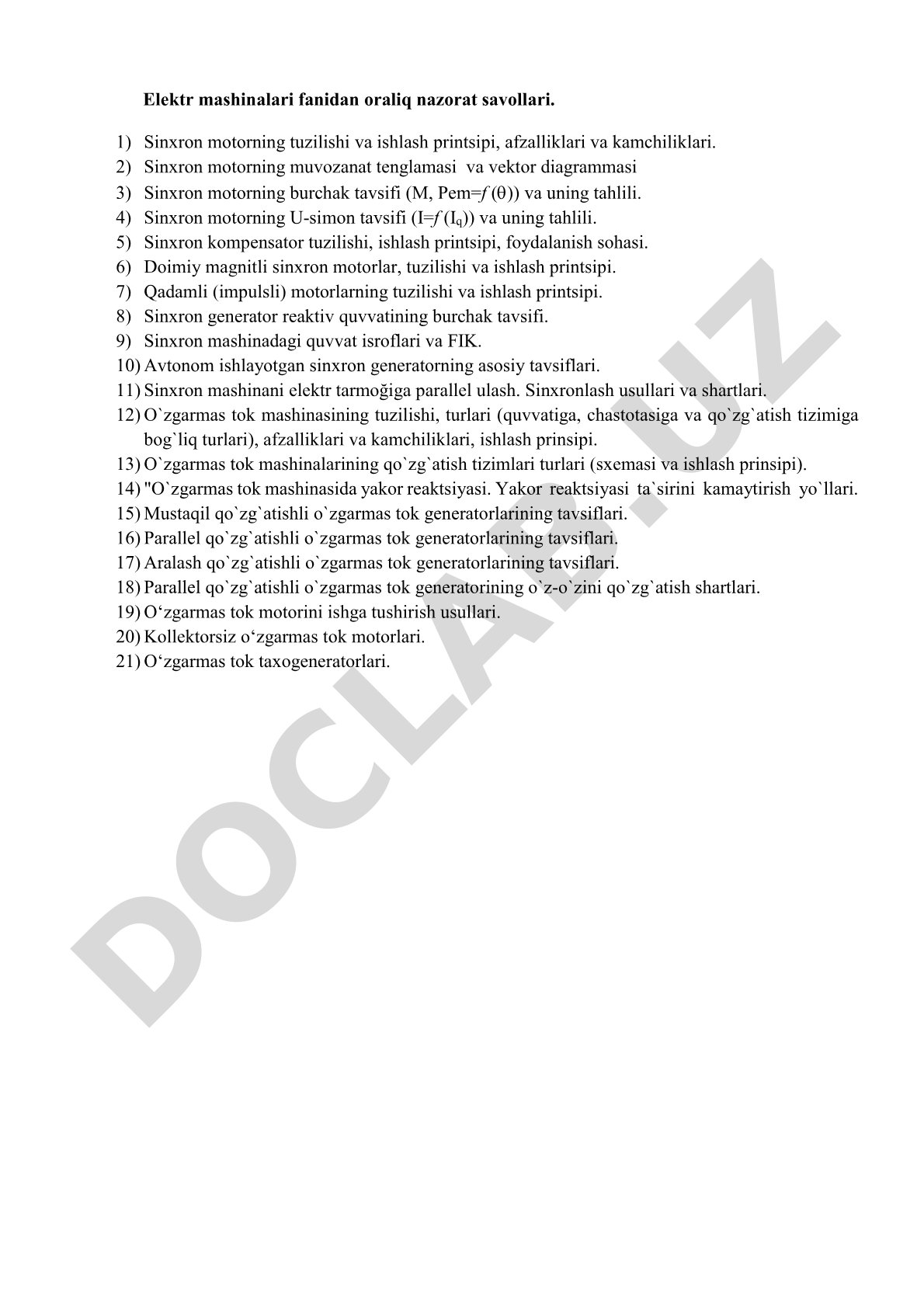 Elektr mashinalari fanidan oraliq nazorat savollari