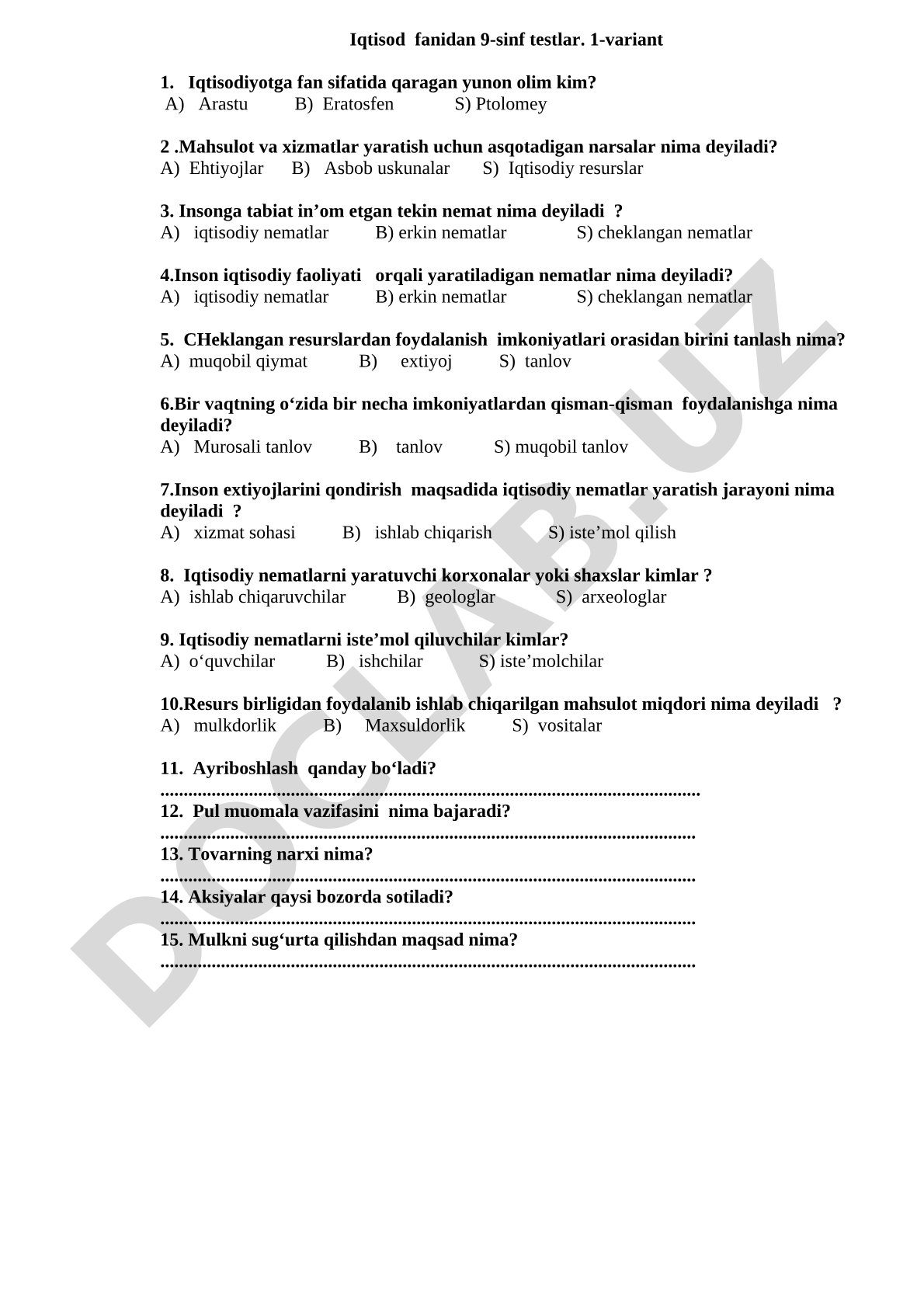 Iqtisod fanidan 9-sinf testlar. 1-variant