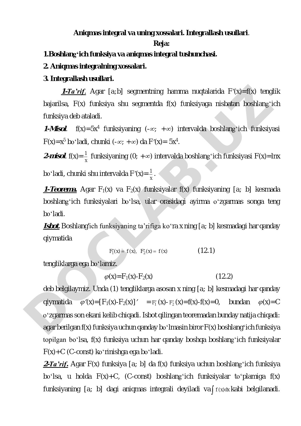 Aniqmas integral va uning xossalari. Integrallash usullari