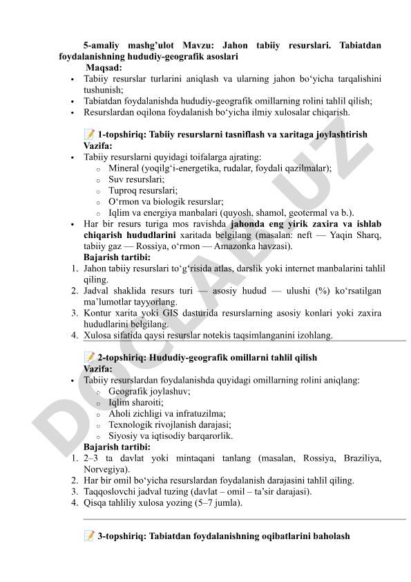 Jahon tabiiy resurslari va tabiatdan foydalanishning hududiy-geografik asoslari