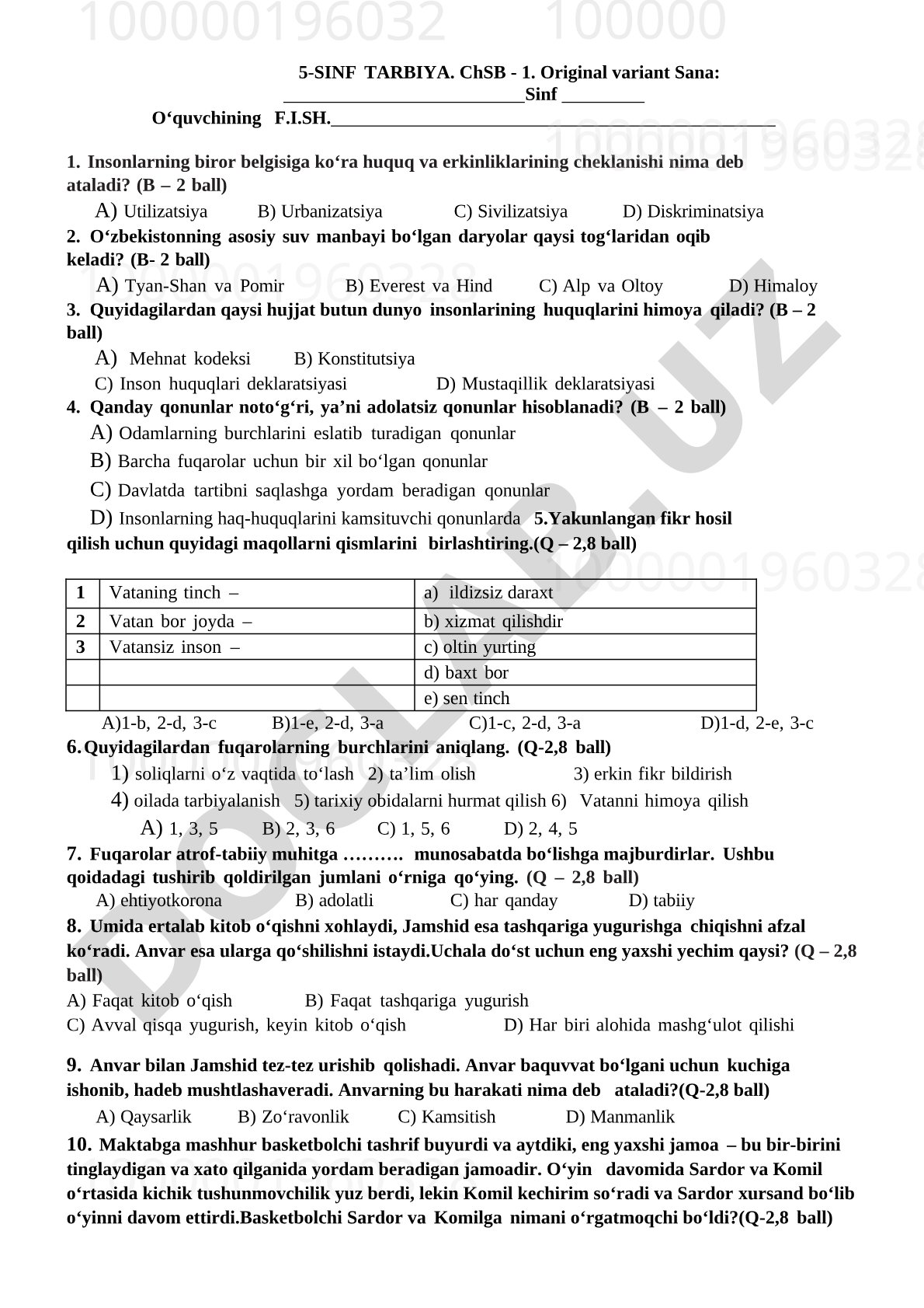 5-sinf Tarbiya fanidan inson huquqlari va vatan mavzusidagi test