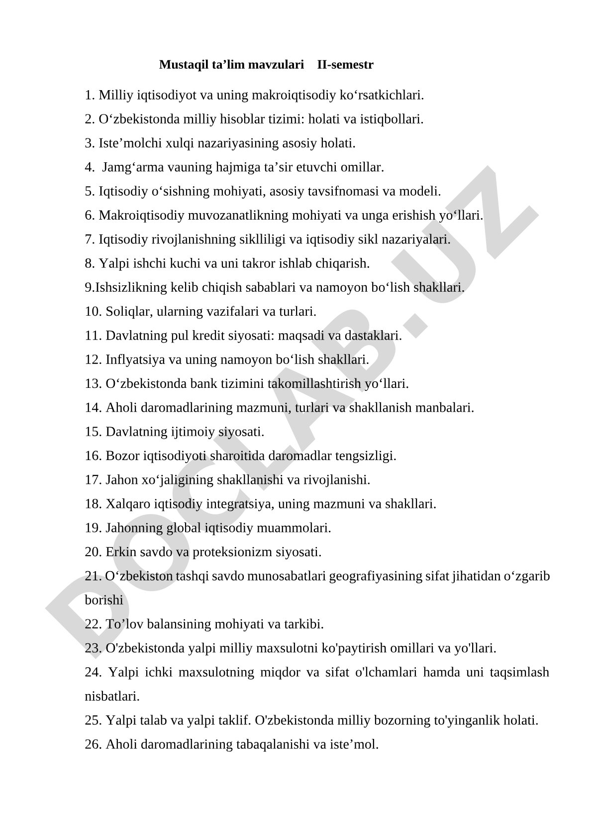 Makroiqtisodiyot fanidan mustaqil ta'lim mavzulari