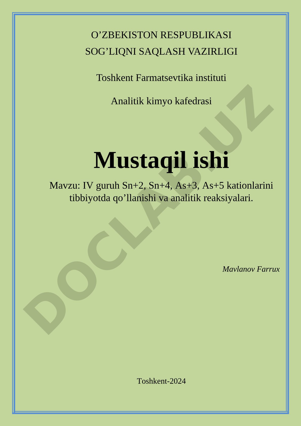 IV guruh Sn+2, Sn+4, As+3, As+5 kationlarini tibbiyotda qo’llanishi va analitik reaksiyalari