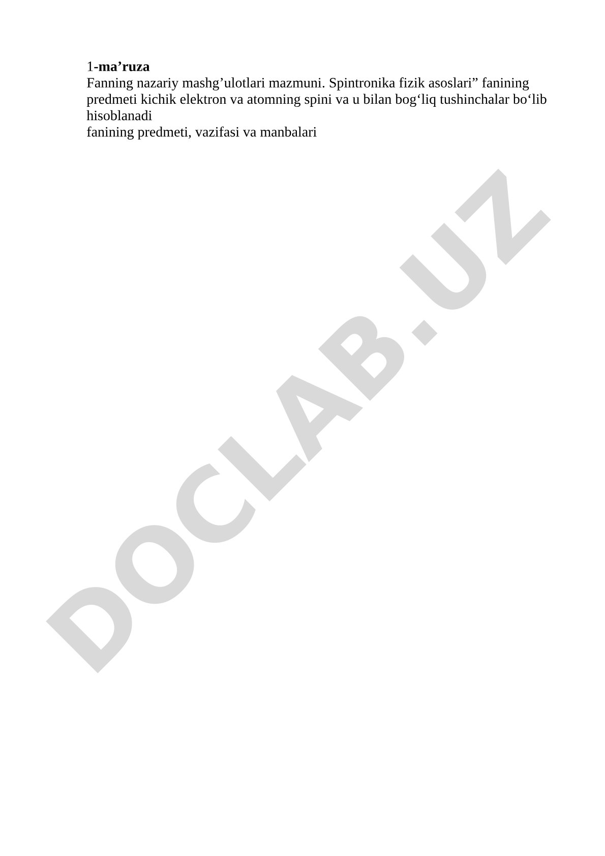 Spintronika fizik asoslari fanining predmeti, vazifasi va manbalari