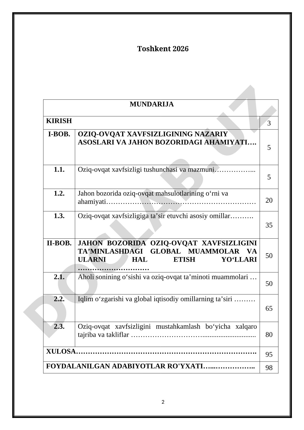 Jahon bozorida oziq-ovqat xavfsizligini ta’minlashdagi global muammolarni o‘rganish