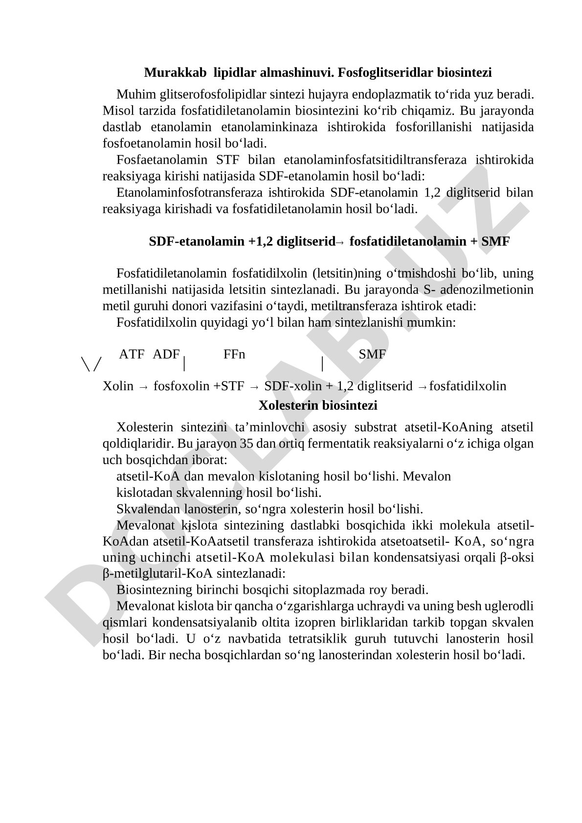 Murakkab lipidlar almashinuvi. Fosfoglitseridlar biosintezi