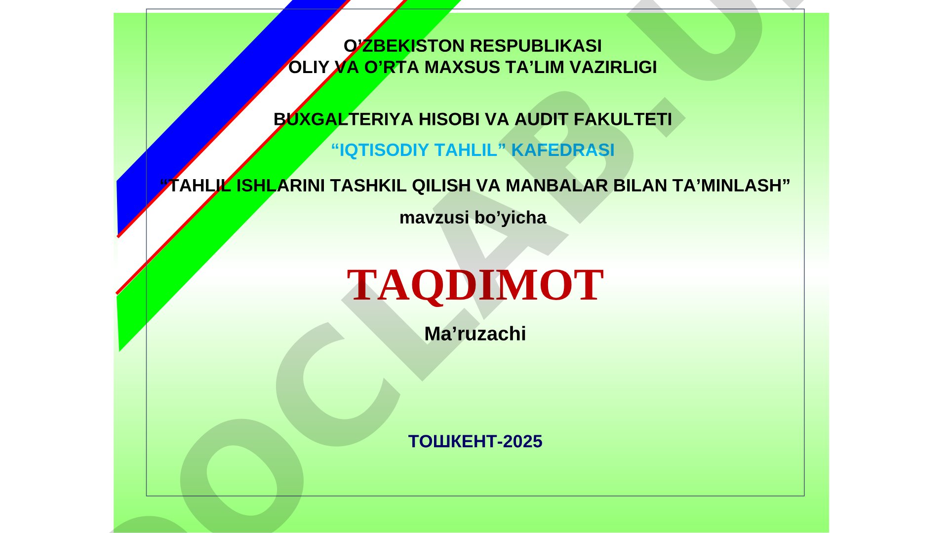 Tahlil ishlarini tashkil qilish va manbalar bilan ta'minlash