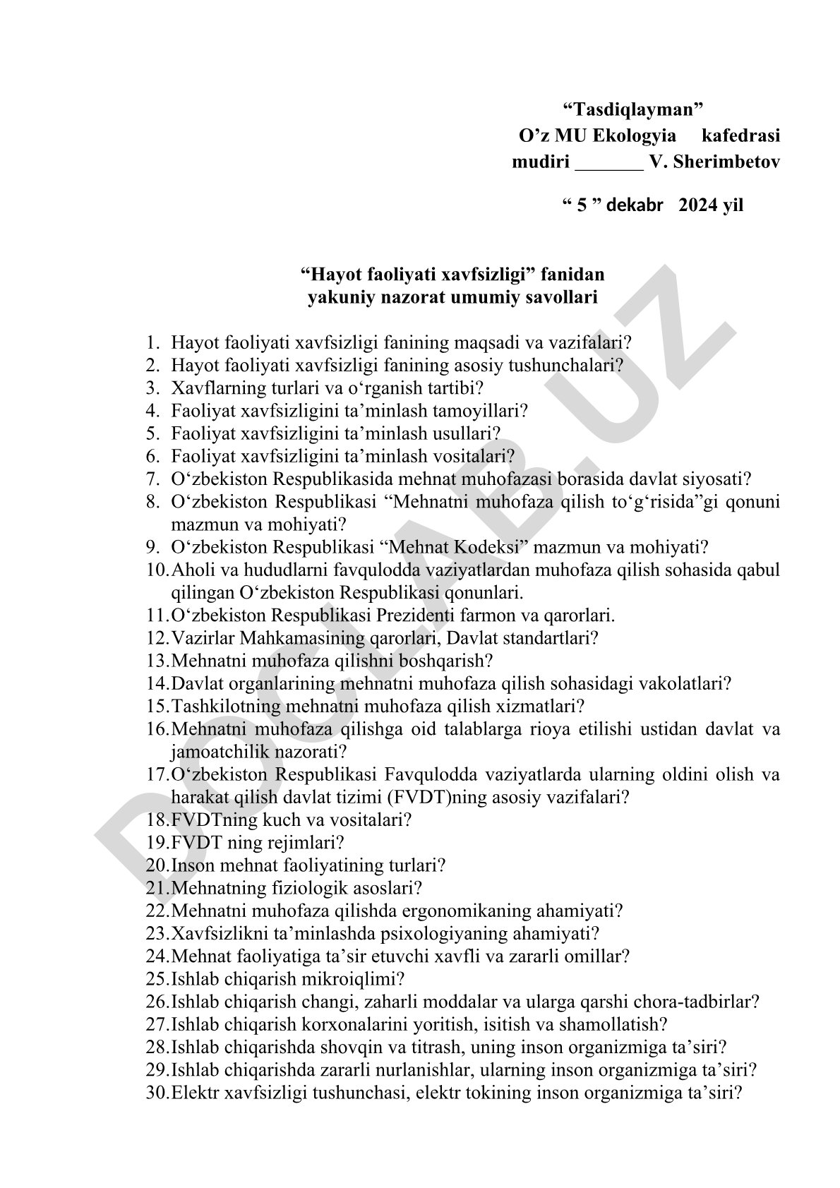 Hayot faoliyati xavfsizligi fanidan yakuniy nazorat umumiy savollari