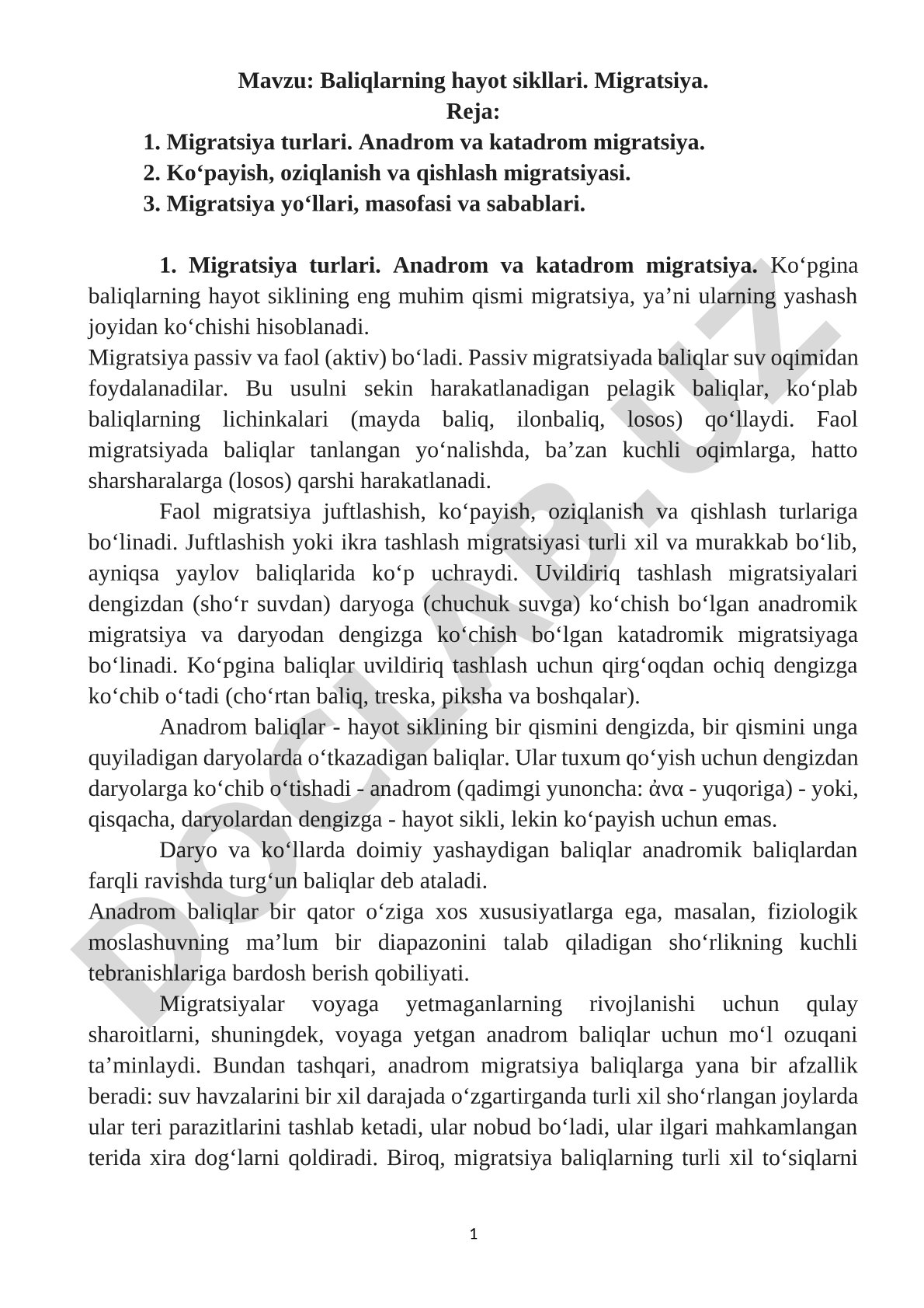 Baliqlarning hayot sikllari. Migratsiya