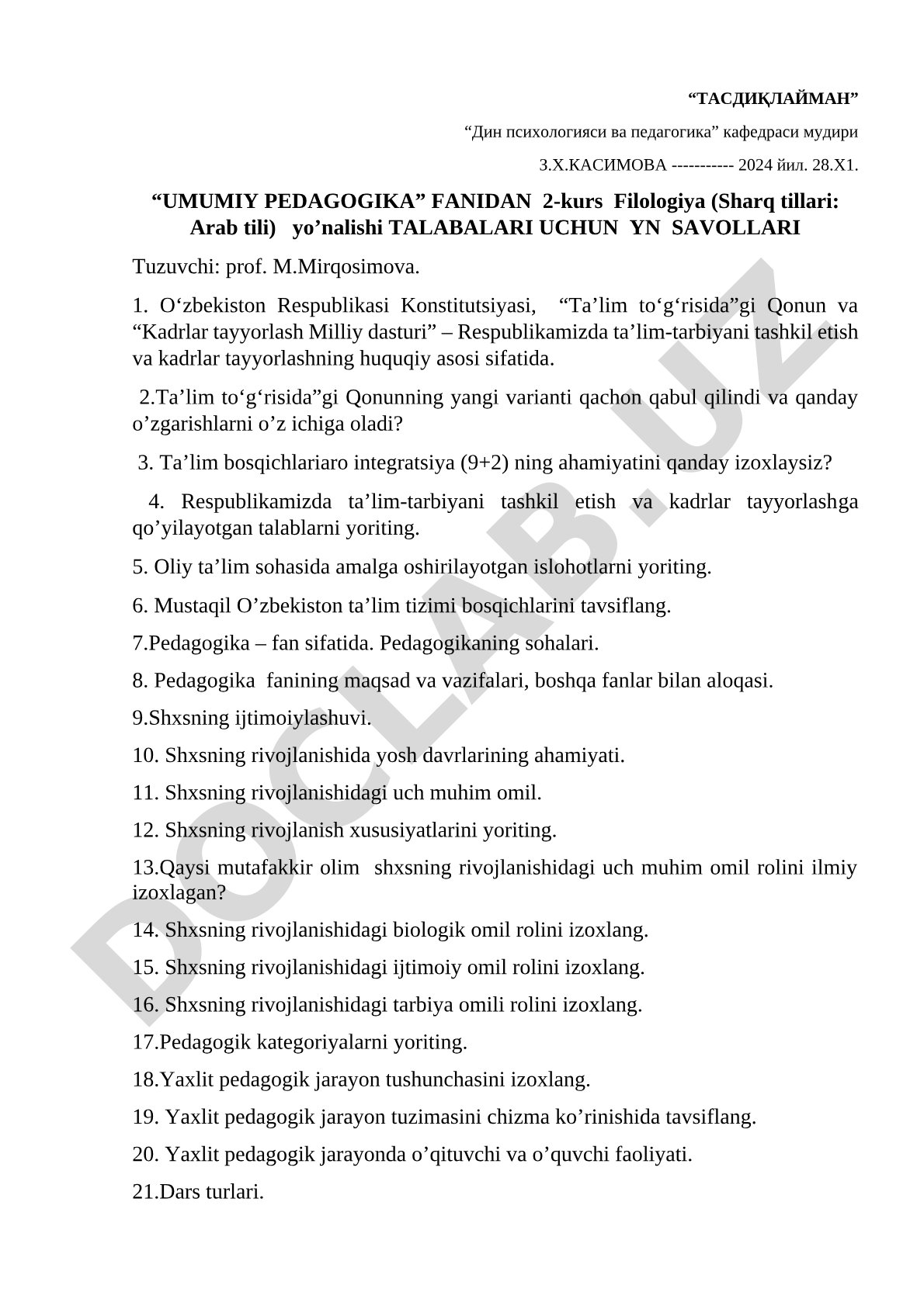 Umumiy pedagogika fanidan imtihon savollari