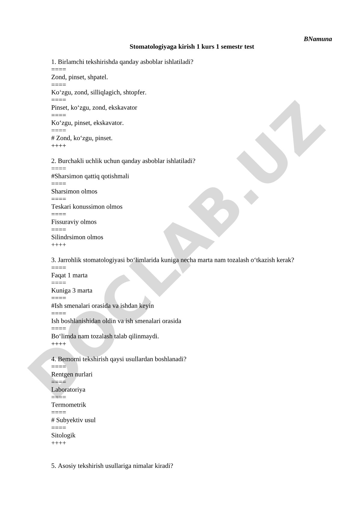 Stomatologiyaga kirish 1 kurs 1 semestr test 1