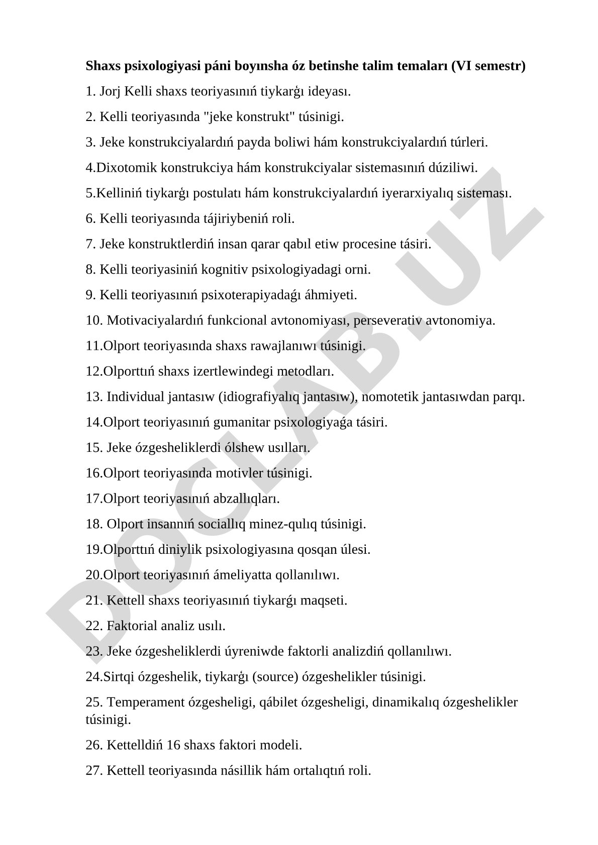 Shaxs psixologiyasi mustaqil ta'lim temalari