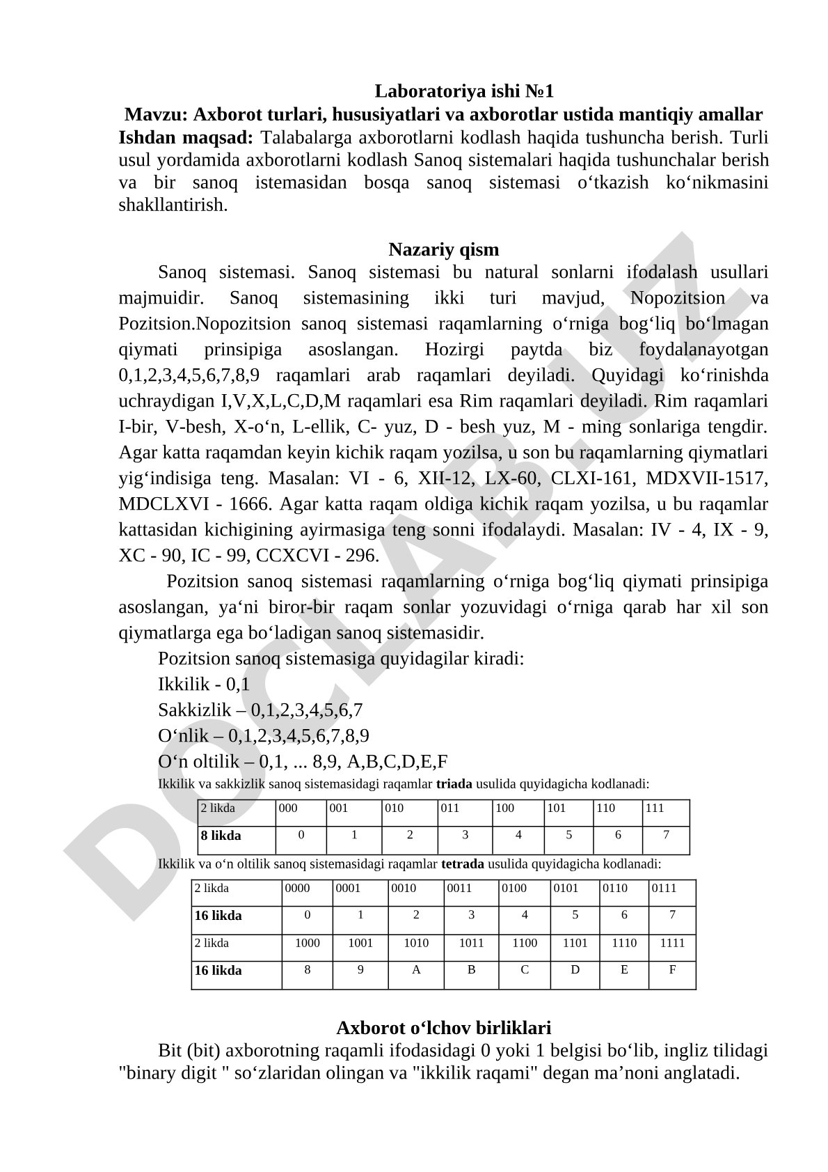 Axborot turlari, hususiyatlari va axborotlar ustida mantiqiy amallar Ishdan maqsad: Talabalarga axbo