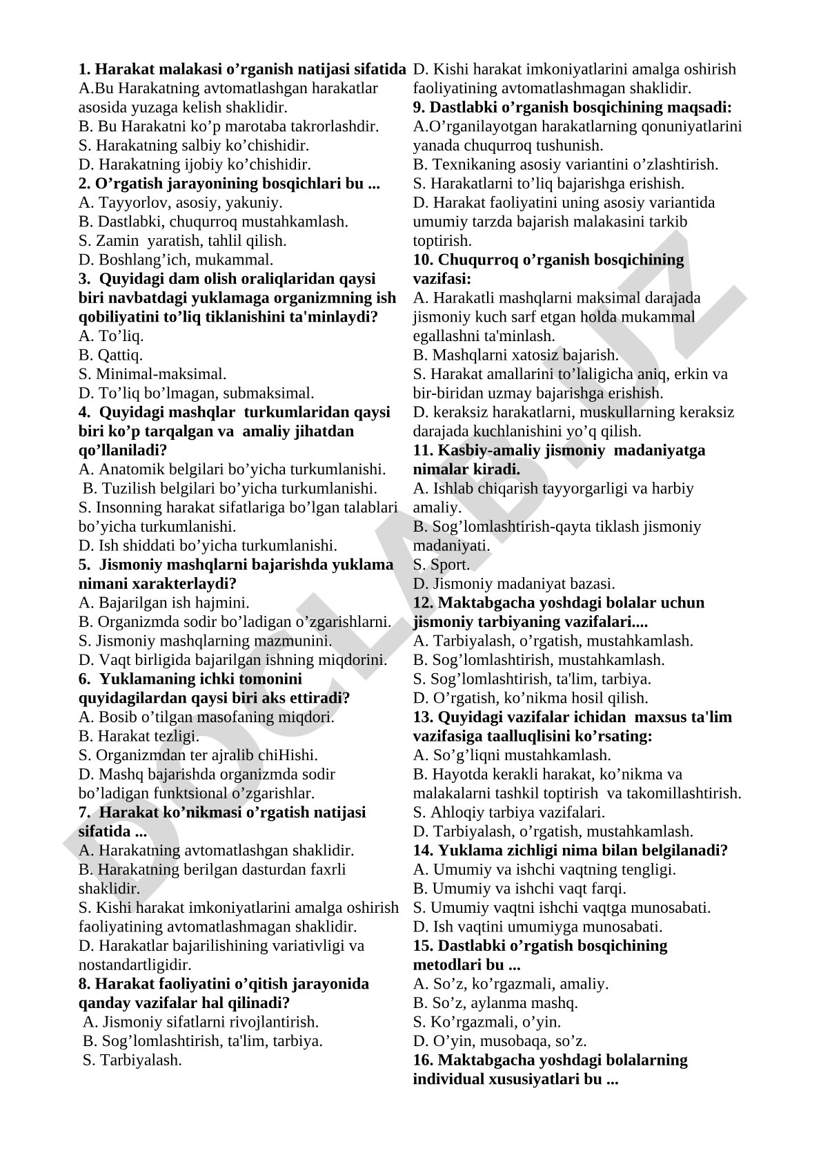 Jismoniy tarbiya nazariyasi test savollari